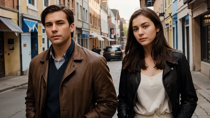 A male detective, with no mustache, next to a twenty years old girl with quiet brown hair,bracing through the town