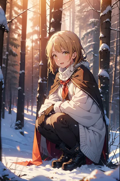 irohaisshiki, iroha isshiki, short hair, brown hair, (Brown eyes:1.5), smile,
Open your mouth,snow, Food, fire, Outdoor, boots, snowing, From the side, wood, suitcase, Cape, Blurred, Food up, forest, gloves, nature, Brown eyes, red gloves, Squat, Mouth clo...