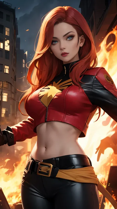 (highly quality, masterpiece, detailed), burning city detailed scenario, burning city detailed background, jean-grey, belt, red ...