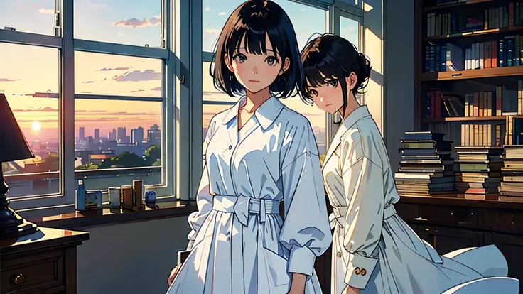 (highest quality、masterpiece、High resolution)、(Sargent-style watercolor)、(Anime Art)、movie angle、Cinematic Light、Soft Light、woman、20-year-old、((windowでレポートを抱えて立っている))、(Short black hair)、Put your hair up、Smiling Kindly、Small breasts、uniform、((Wearing a whit...