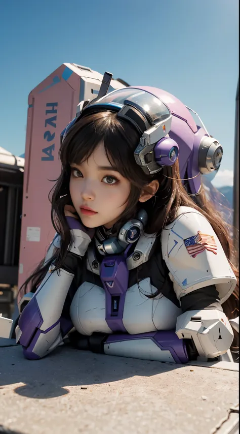 RAW, Masterpiece, Ultra Fine Photo,, Best Quality, Ultra High Resolution, Photorealistic, Sunlight, Full Body Portrait, Stunningly Beautiful,, Dynamic Poses, Delicate Face, Vibrant Eyes, (Side View) a close up of a woman in a pink and white gundam custume,...