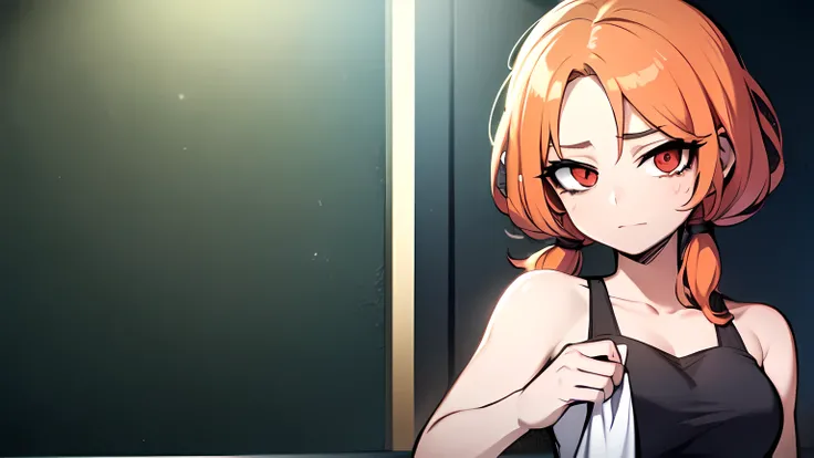 1girl,solo,upper body,looking at viewer,facing viewer,short low twintails,orange curly hair,red eyes,twin parted bangs,hair pulled back