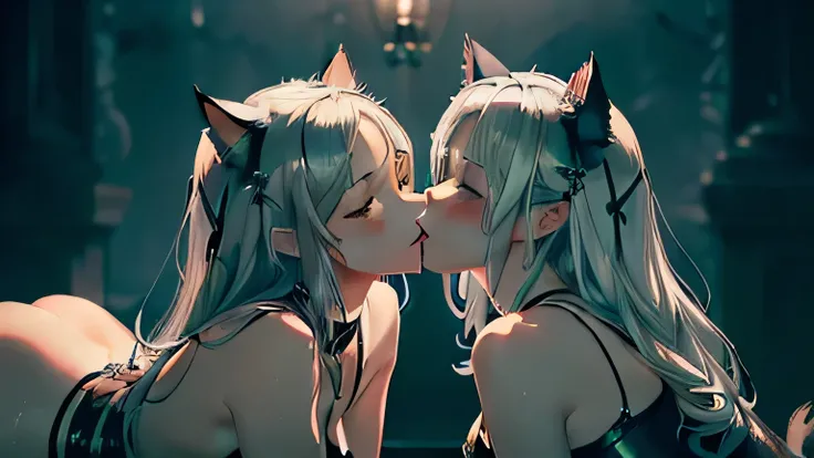 ((Masterpiece, Stunning, Two catgirls in an intimate moment:1.5), Lesbian passion ignites as they share a kiss:1.5, Tongues intertwine in a wet and sensual display:1.3, Full body shots reveal every curve and detail:1.0,
(Bright lighting bathes the scene in...