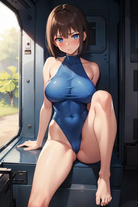 ,1 girl,Blue leotard,Super High Leg Cut,blue eyes,serious face,brown hair,bob hair,jungle,Big Breasts,blush,Sweat,Licking,Slender,Inside the transport plane,sit,barefoot,bare hands,