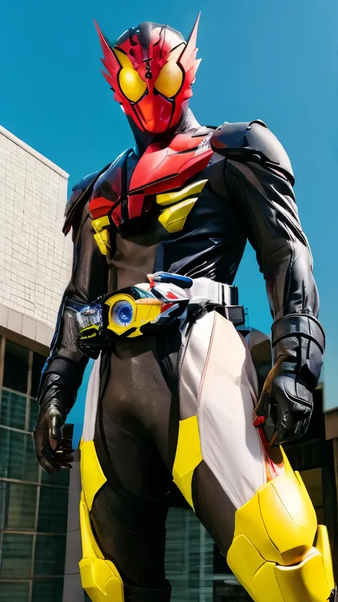 Kamen Rider Espion, secret agent motif, background on top of a building in the afternoon.