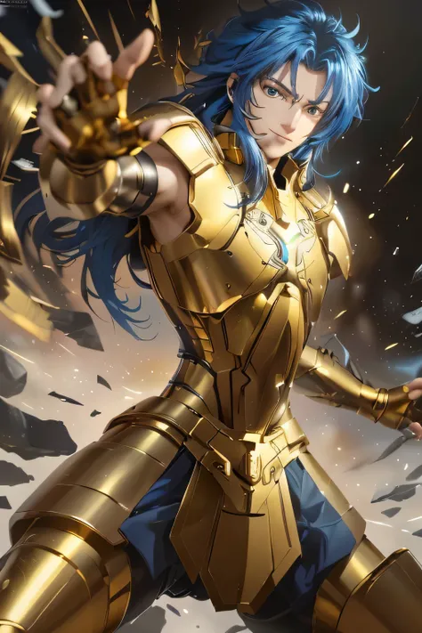 Gemini Armor, One man super detailed, Official Art, unity 8k wallpaper, (anime:1.0), figure,
break
((One boy, Dynamic pose, ( Gemini Armor, golden armor,  Vibrant colors), Sweet Lips,  (Blue Hair), (black|Brown eyes), (Highly detailed face:1.1),(Medium hai...