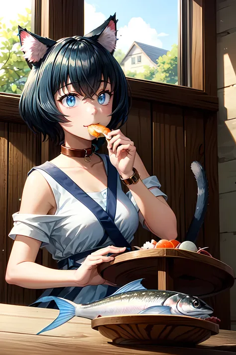 (masterpiece), (high_quality:1.3), miria, cat ears, ((blue)) cat tail, cat girl, collar, :3, happy, holding_food, (((eating))) (...