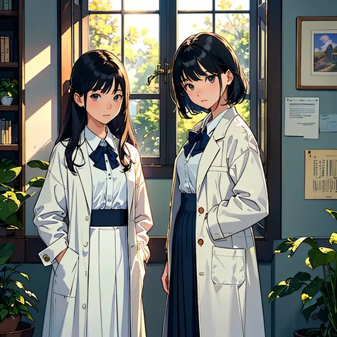 (highest quality、masterpiece、High resolution)、(Sargent style watercolor)、(Anime Art)、Cinematic Light、Soft Light、((Two Girls))、20-year-old、((With documents、Standing by the wall))、Black Hair、Short Hair、semi-long、Put your hair up、(detailed depiction of the fa...