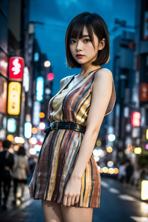 (((Tokyo:1.3, Night view, Photographed from the front))), ((Medium Bob:1.4, great style:1.3, Thin legs:1.2, colorful dress, Japanese women, cute)), (clean, Natural Makeup), (highest quality, masterpiece:1.3, 超High resolution), (Very detailed, Caustics), (R...