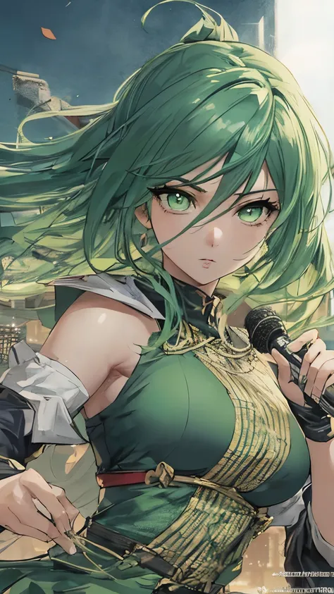  anime com cabelo verde e olhos verdes em uma cidade, estilo anime 4k, badass anime 8 k, artgerm extremamente detalhado, 4K manga wallpaper, garota anime sedutora, muito quente, artgerm 4k, Papel de parede de arte anime 4K, Papel de parede de arte anime 4k...