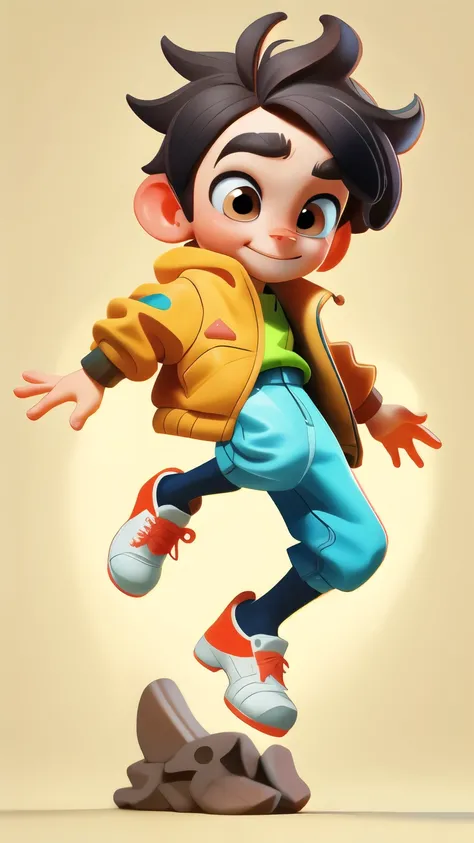 Give me a boy，Jumping pose，Casual Clothing，happy，Warm color matching，3d effect，3D Modeling and Rendering，8K quality，detailed skin: 1.3，realistic: 1.2