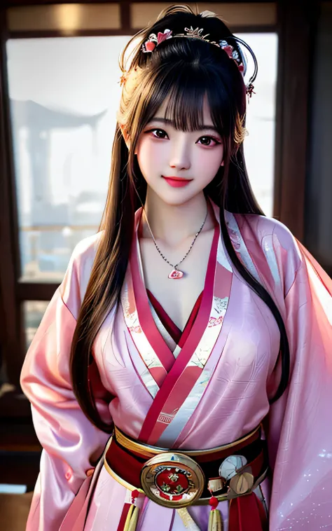 最high quality,masterpiece,High resolution,One girl,blush,(Captivating smile:0.8),star-shaped pupil,red china Hanfu,Hanfu,chinese clothes,hair ornaments,necklace,jewelry,Beautiful Face,On top of that_body,Tyndall effect,Realistic,dark studio,Rim Light,two t...