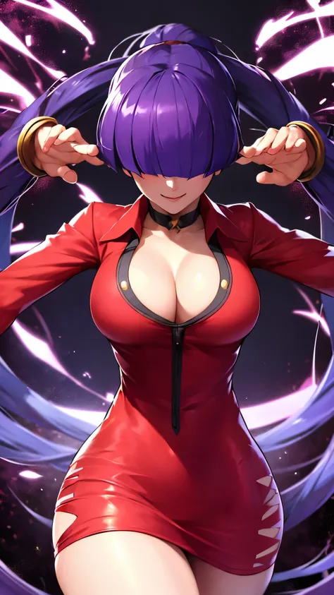 her hair covers her eyes,((masterpiece, best quality)) absurdities, Orochi Shermie, solo, smile, looking at the viewer, cowboy shot, cinematic composition, dynamic pose