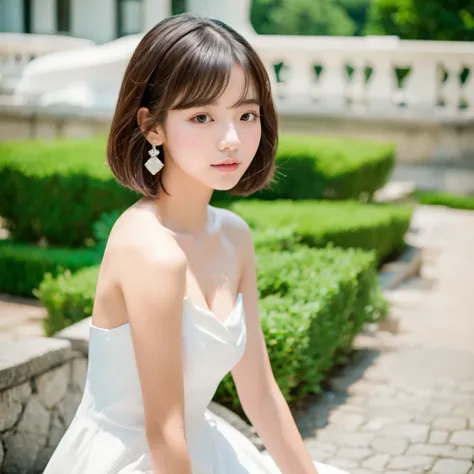 girl with short white hair with medium chest, wearing an elegant dress, she is Korean 