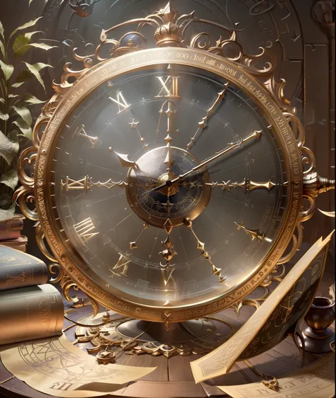 There is a clock and some books on the table, alchemist library background, Astrolabe, Stunning mystery background, 8K HD wallpaper JPEG artifact, 8K HD wallpaper JPEG artifact, Infinite Space Clock Background, Detailed key animation art, ball of time, Off...