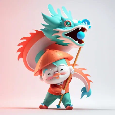 Cartoon grandpa dancing dragon，3D Rendering，3d illustration