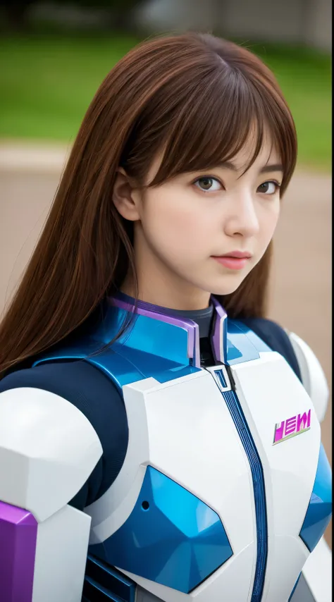 RAW, Masterpiece, Ultra Fine Photo,, Best Quality, Ultra High Resolution, Photorealistic, Sunlight, Full Body Portrait, Stunningly Beautiful,, Dynamic Poses, Delicate Face, Vibrant Eyes, (Side View) a close up of a woman in a pink and white gundam custume,...