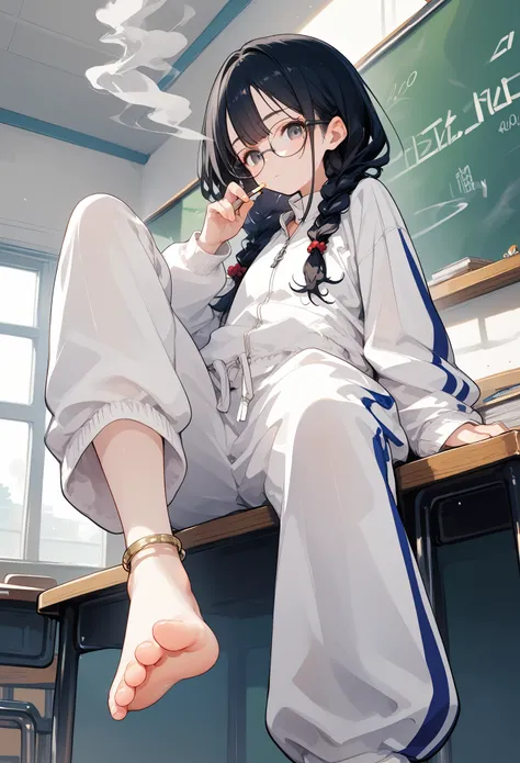 score_9, score_8_up,score_7_up,1girl,solo,black hair,baggy blue and white track suit,baggy blue and white track pants,glasses,bl...