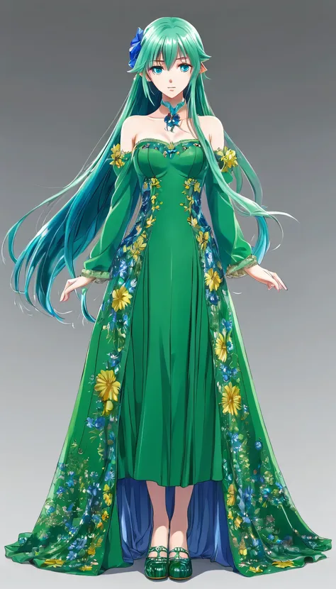 Anime girl with blue eyes and long green hair in a controversial dress 、Standing facing forward、Wearing glass shoes