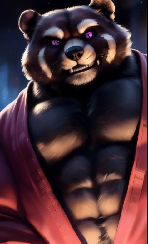 (((Tanuki, feline, canine))), ((full body portrait), anthro, (((deep black fur))), (((black fur))), (black face), open black yukata, (((magenta eyes))), (((black sclera))), magenta hair, male, solo, adult, abs, pecs, big pecs, looking at viewer, huge muscl...