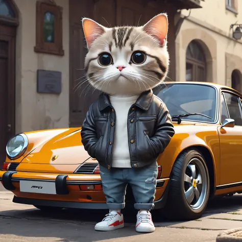 Chat mignon avec des vêtements, debout devant une Porsche 911, he is sad and dreams of buying it, style dessin