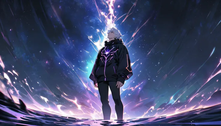 man, hansome,white hair,wearing a black cyberpunk hoodie, a man standing upon space in time as if they are made of water looking...