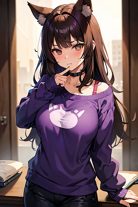 woman with brown hair and wolf ears, brown eyes, cute tits, sexy face, serious face, purple clothes