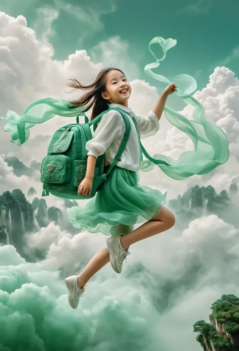 photography of an adorable girl in modern attire, carrying a backpack, joyfully leaping and stepping on jade-colored auspicious ...