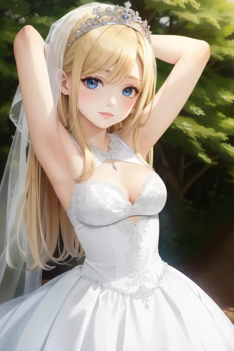 A girl,16 year old,wedding dress,european countryside,blonde,bangs bangs,pretty face,thick and muscular upper arms,armpit,tiara