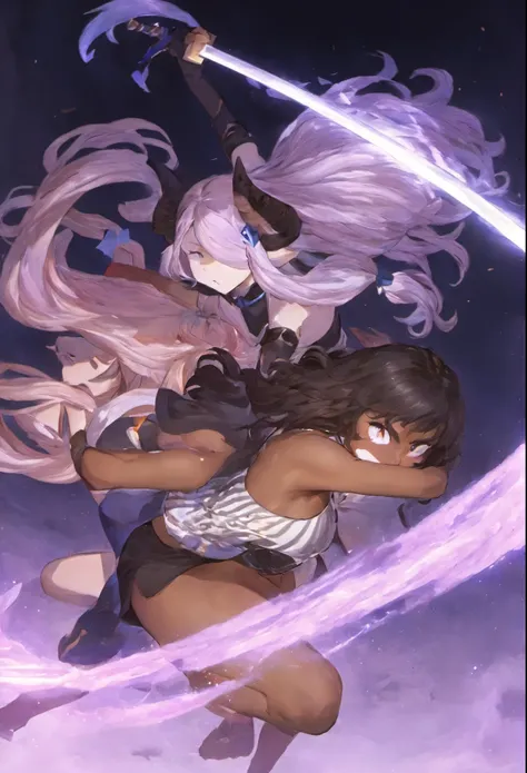 a high-definition, 8k masterpiece that features two attractive adult swordswomen. One of them is Connie Maheswaran, aged 25, dressed in a blue and white striped halter top and black microshorts, wielding a large pink sword with grace. The other is Narmaya ...