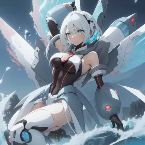 ico_megamanxdive, 1girl, blue eyes, solo, white hair, android, large breasts, black gloves, short hair, thighhighs, necktie, high quality, masterpiece, surrounded by water and a small moon, in the style of vivid energy explosions, anime art, dark palette, ...