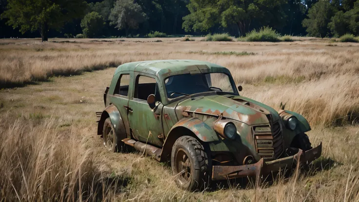 old, rusty armor lies on a field among tall grass