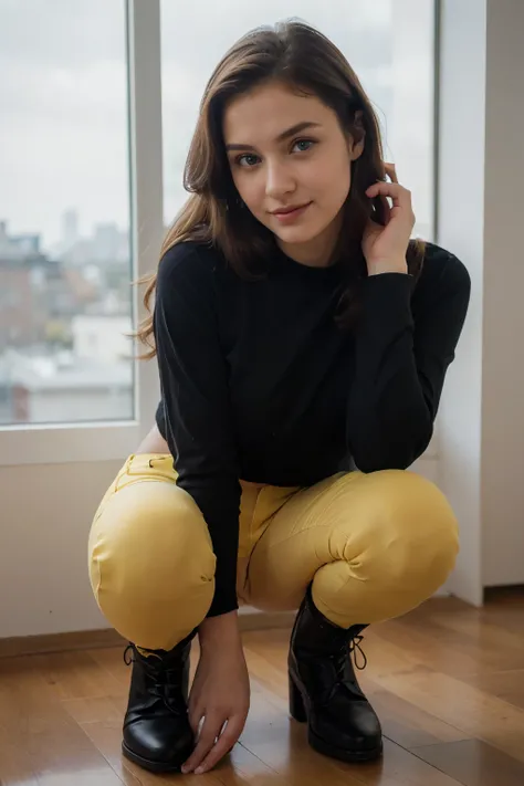 ((best quality)), ((masterpiece)), (detailed), perfect face,  gorgeous girl with golden hair and blue eyes wearing black shirt and yellow jeans with brown boots, little smile 