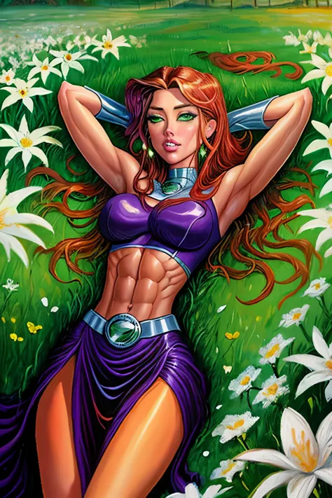 (oil painting:1.1), ((amber heard)), ((starfire)), dc comics, red hair, (orange skin), a woman with long orange hair and white f...