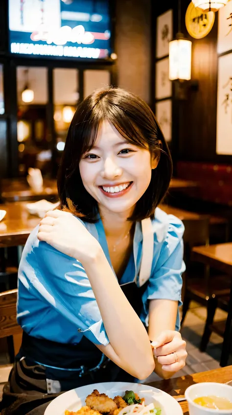 a woman seated at a restaurant table laughing at Izakaya, fried chicken,