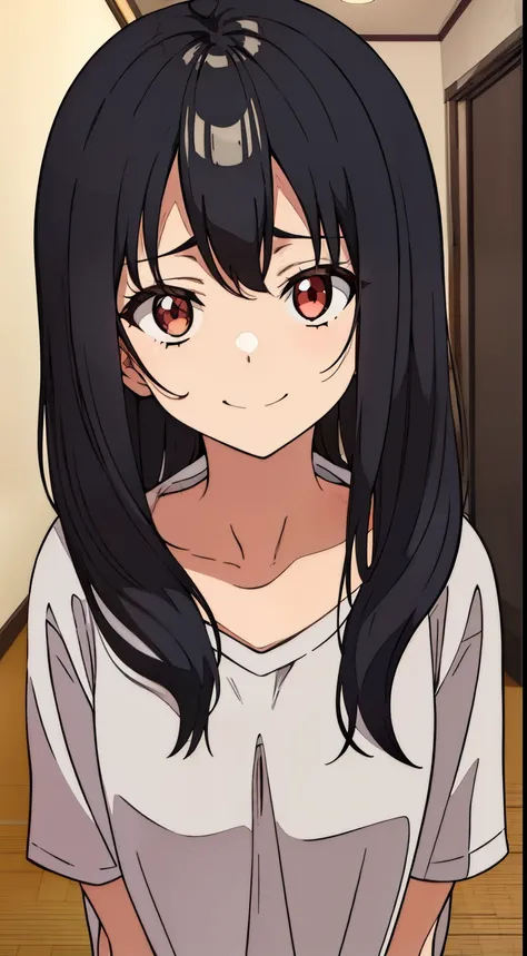 (One teenage girl) with black hair, Untidy hair,,,, dirty hair, red tired eyes, in Japanese , bare feet. bags under the eyes, Lots of eye shadow,, yandere,  Crazy evil smile with teeth, In the background of an ordinary home room