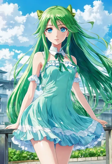 Anime girl with blue eyes and long green hair in a short dress 、Standing facing forward、Wearing glass shoes