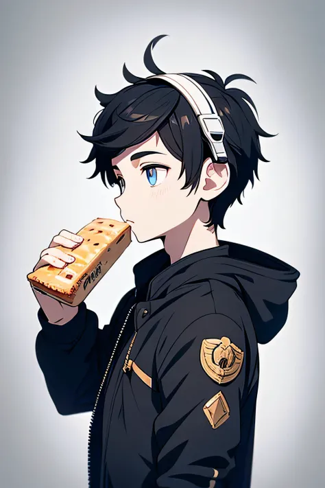 Very detailed, Beautiful, detailed eyes: 1.2), One boy, bag, From the side, Headphones, Food, Food down,  Jacket,  Jacket, Black Hair Alone, Upper Body, highest quality, chibi , black eye, Editor