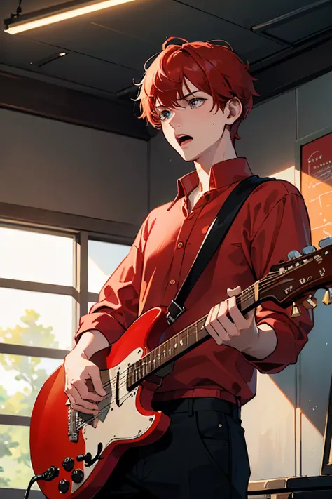 (highest quality,masterpiece：1.1),(Faithfulness：1．4),Beautiful boy１people,red hair,short hair,Sweating and screaming,Playing electric guitar,School Music Room,ＴWearing a shirt，Wearing black trousers