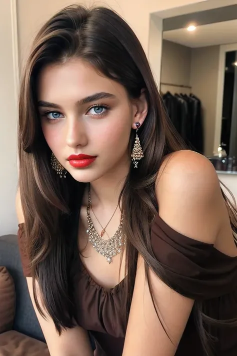 1 girl in, age 18, Solo, Model, Long hair, Colossal , 
looks at the viewer, 
brunette hair, Bare shoulders, Brown eyes, jewelry, red lips, 
big lips,Full body, a necklace, earrings, off shoulder,  Realistic, AI sexy