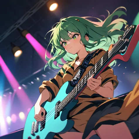 (best quality,highres:1.2),detailed,(lum),inside the school,on the stage,wearing ,playing electric guitar,portraits,vivid colors,stage lighting,energetic atmosphere,guitar solo