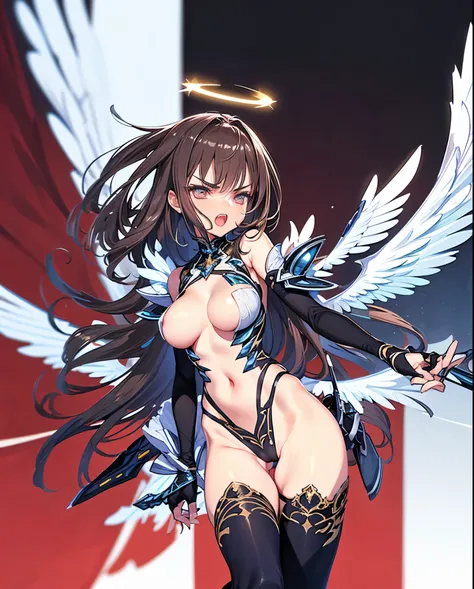 fantasy, 1angel_girl,(young_teen:1.5), ,brown_hair, medium_bob_hair, long_bangs, halo,bare_shoulder,thighhighs,silver_armor, waist_armor, large_breasts,angry,grinning,open_mouth_teeth, 1pair_wings, dynamic_pose_fighting,floating, bare_crotch, headgear,gaun...