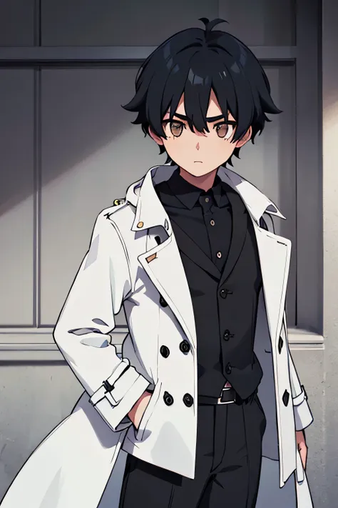 a boy with black hair with white details and dark brown eyes wearing a black trench coat and black pants with white details and