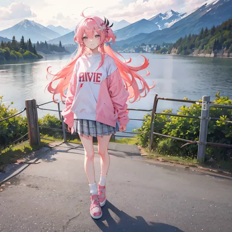 Coral pink hair，Long hair，hair over one eye，Gray eyes，feather hair ornament，cute，Girl，laughing expression，White sweatshirt，Plaid skirt，Wear shoes on your feet，Standing by the river，Side body，Dont show your arms，The background is the plateau snow mountain