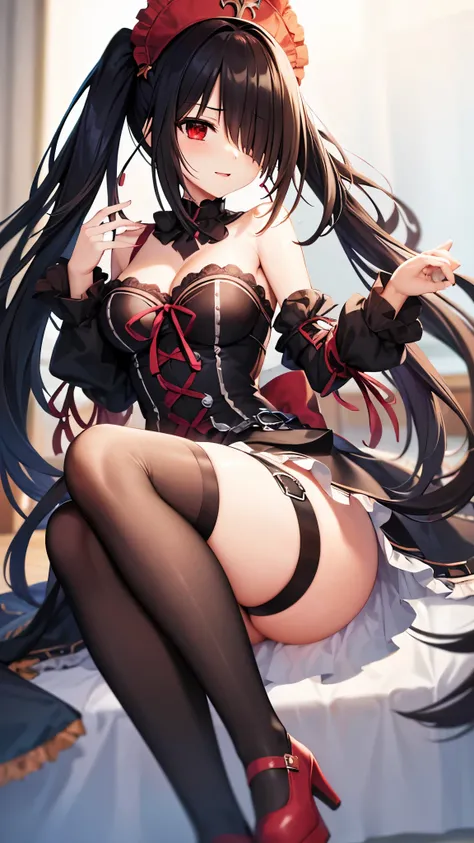 (((masterpiece))),(((best quality))),(((extremely detailed))),illustration,who, (masterpiece, top quality, best quality, official art, beautiful and aesthetic:1.2),(8k, best quality, masterpiece:1.2), tokisaki kurumi, black hair, low twintails, (hair over ...