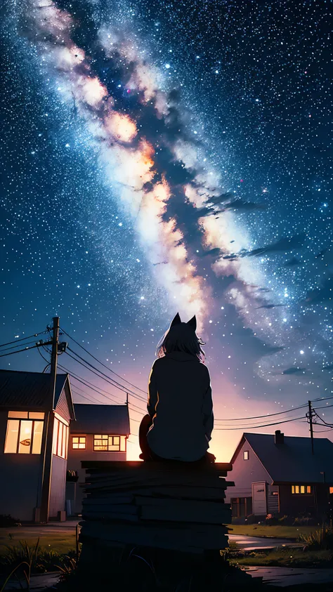 octane, null, star (null), scenery, starry null, night, One girl, night null, alone, Outdoor, building, cloud, milky way, Sitting, wood, Wolf fur, country town, silhouette, Cityscape