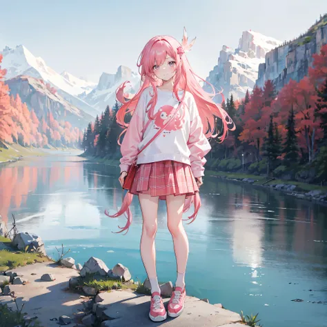 Coral pink hair，Long hair，hair over one eye，Gray eyes，feather hair ornament，cute，Girl，laughing expression，White sweatshirt，Plaid skirt，Wear shoes on your feet，Standing by the river，Side body，Dont show your arms，The background is the plateau snow mountain，A...