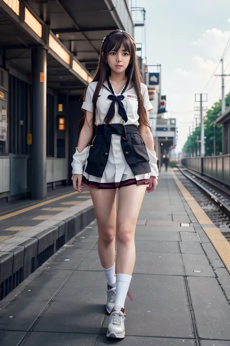 anime girl with long hair walking on a train platform, kantai collection style, railgun, konpeki no kantai, kantai collection arcade, kancolle, makoto shinkai style, anime visual of a cute girl, makoto shinkai art style, beautiful anime high school girl, a...