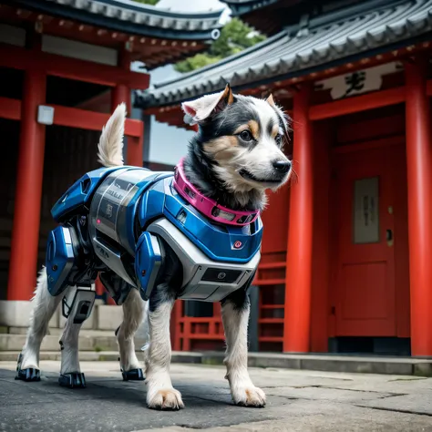 Futuristic robot dog appears at Japanese temple、professional portrait photography、The whole body of the robot、Careful design and detail、surface details、Dramatic lighting、Realistic、Super realistic、Cinematic、8k 