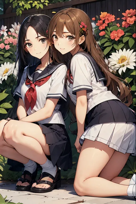 two high school girls、Crouching down in front of a flower bed、Watching the flowers、seductive smile、school playground、